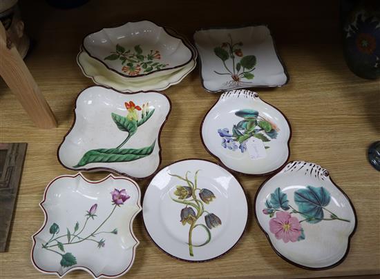 Seven various pearlware botanical dessert dishes and a similar plate, early 19th century, widest 28cm